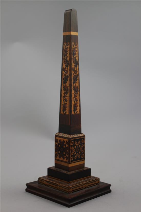 A Tunbridge ware Cleopatras Needle rosewood mosaic thermometer, 10in.
